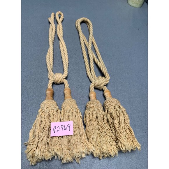 Vintage Beige Tassel Curtain Tiebacks with Wooden Accents Set of 2 - Picture 13 of 13